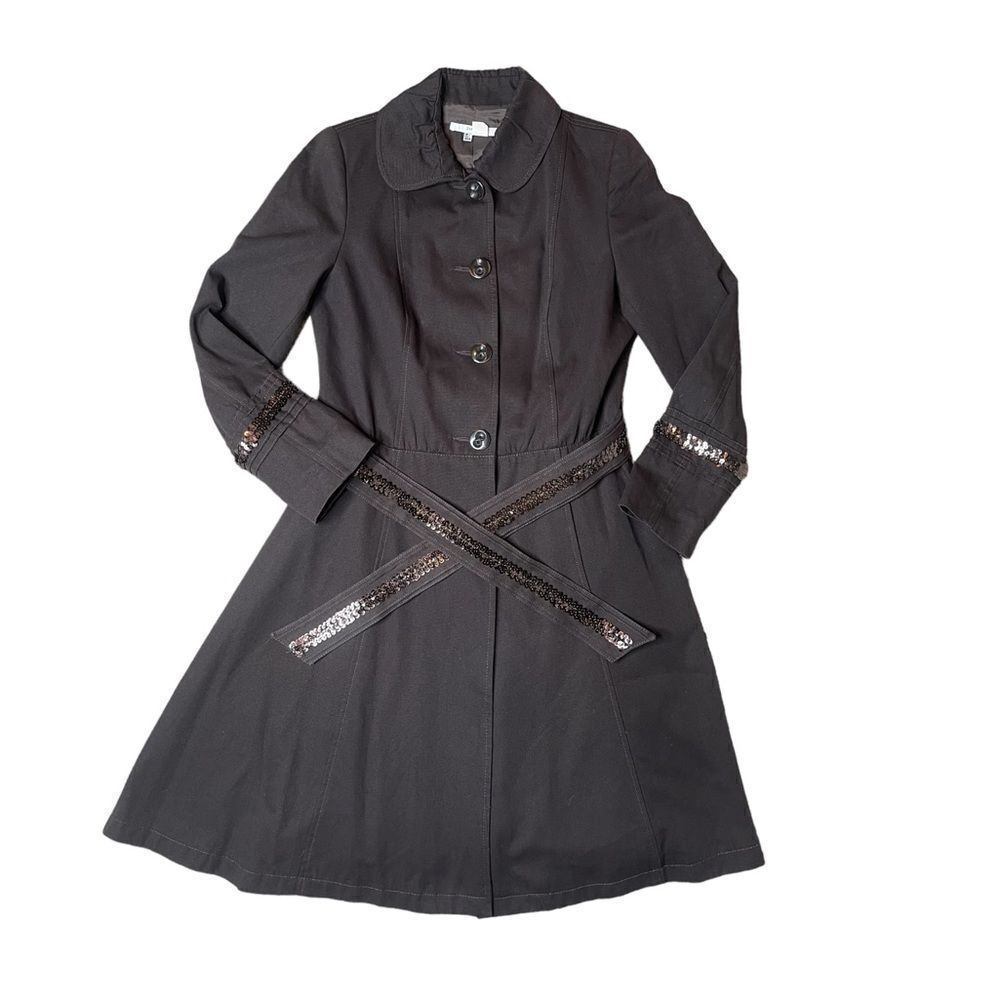Zara Trench Coat with Peter Pan Collar & Sequin Embellishment Detail Size Large